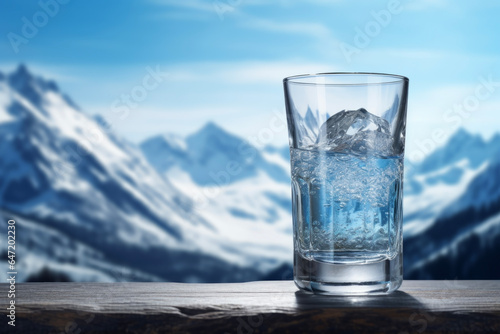 Close view with light shining in the sun in a clear water glass. Natural snowy mountains and beautiful scenery background. Environmental concept of health and beauty.