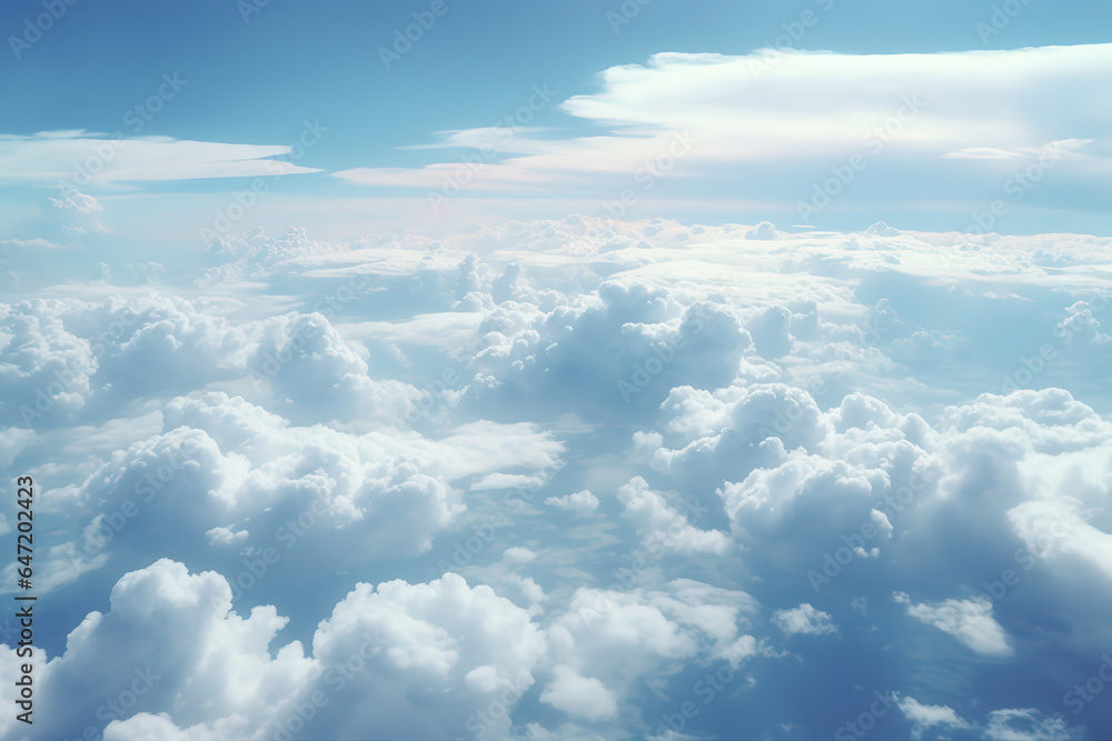 Airplane view of cloudy sky, generative ai