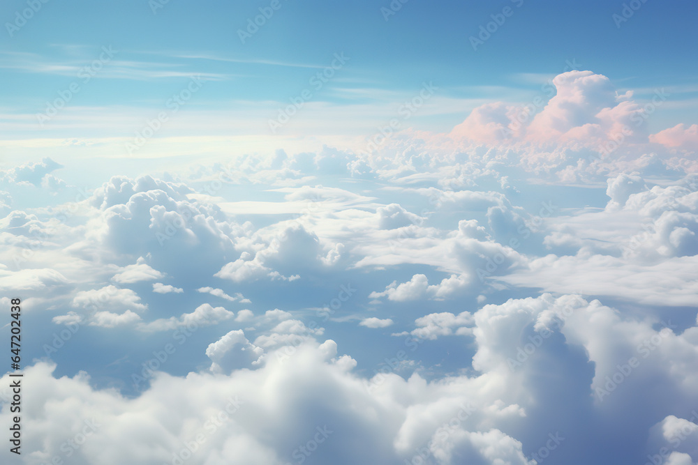 Airplane view of cloudy sky, generative ai