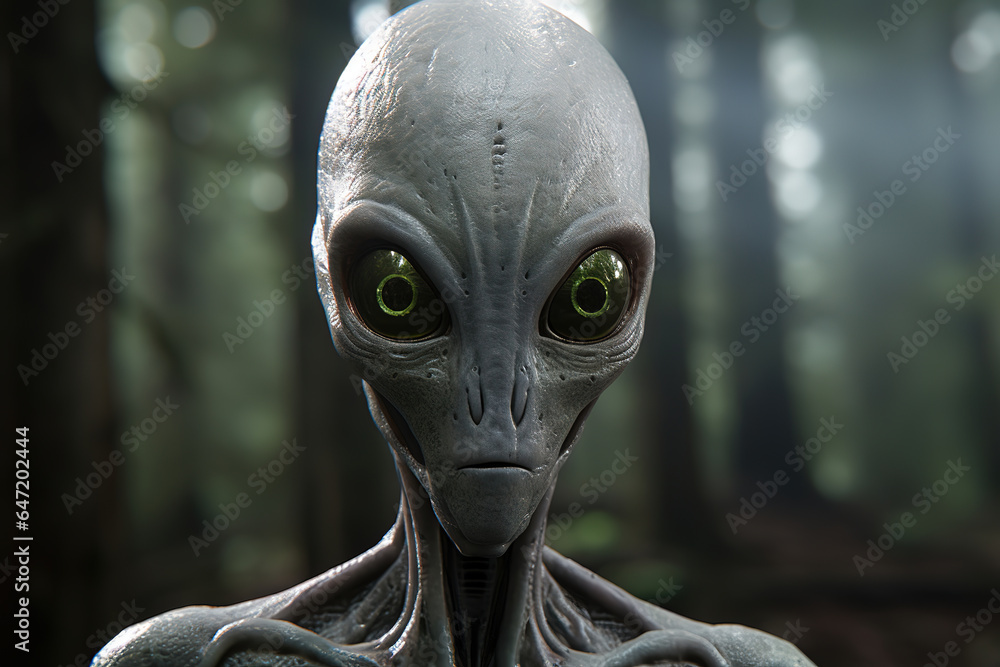 alien looking at the camera from the woods, generative ai