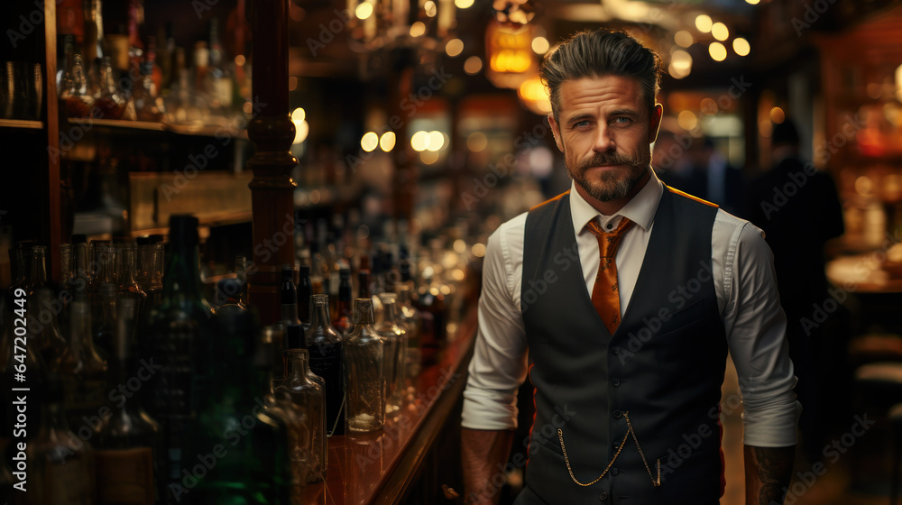 Portrait of a handsome man standing in a pub. Men's beauty, fashion.