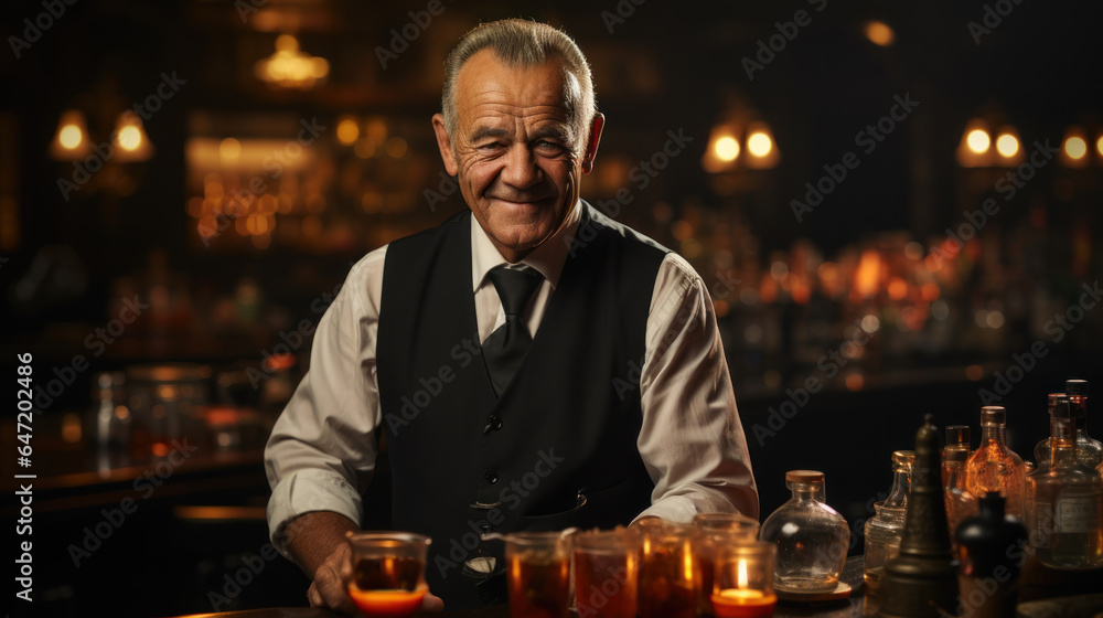 Portrait of a senior man preparing cocktail at the bar counter.
