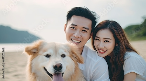 Face, dog and love with a Asian couple on the beach during summer walking their pet for fun or recreation together. Portrait, happy and smile with a man, woman and pet golden retriever outdoor