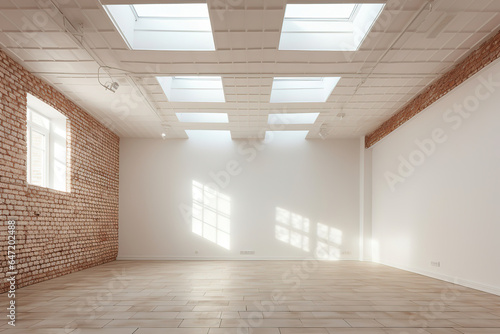 an empty room with a brick ceiling and white walls  generative ai 