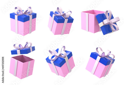 Happy New Year and Merry Christmas pink gift boxes with white bow. The concept of gift boxes open and closed. Christmas decorations. 3d render illustration.