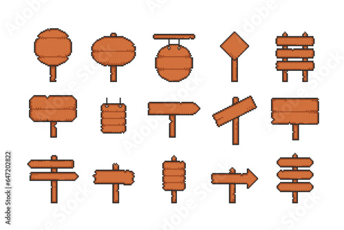 Set of wooden pixel signs, 8 bit guideposts. Collection old village vintage banner and billboards, timber roadside pointer. Game sprite vector illustration.