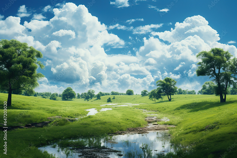 clouds and trees in the green grass, generative ai clouds and trees in the green grass, generative ai