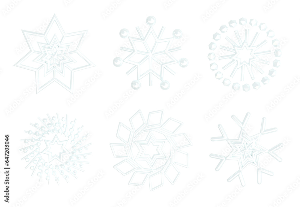 Fototapeta premium Pack of Christmas icons of snowflakes. The concept is a traditional holiday decoration, a sign of winter, a symbol of the unique beauty of the new year. 3d render illustration.