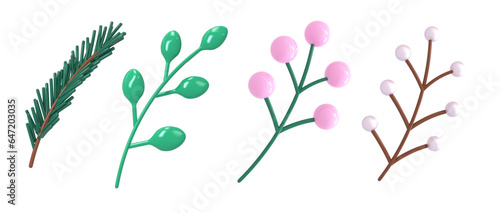 Wallpaper Mural Collection of New Year icons  with natural branches of a Christmas tree, a branch of holly berries. Concept traditional winte, a symbol of the unique beauty of the new year. 3d render Torontodigital.ca