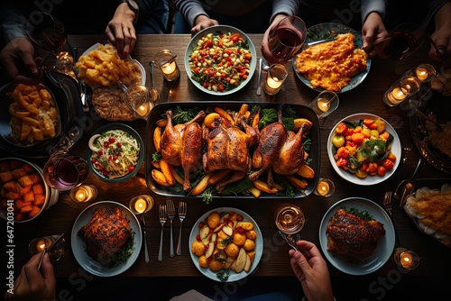 Thanksgiving Day celebration family dinner with traditional turkey, wine, salads and autumn harvest. view from above. Generative AI.