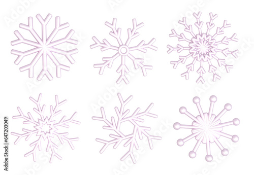 Set of Christmas icons of  snowflakes. The concept is a traditional holiday decoration, a sign of winter, a symbol of the unique beauty of the new year. 3d render illustration. © Elena Sharipova