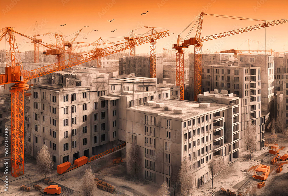Naklejka premium Image of a Town with Cranes and Buildings - Urban Development