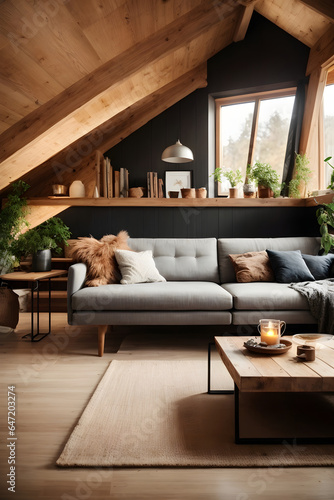Corner sofa and rustic coffee table against wood lining wall with bookshelves, scandinavian home interior design of modern living room. Image created using artificial intelligence.