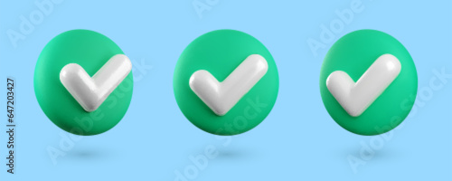 Cute Vector 3d Checkmark realistic icons set. Trendy glossy plastic green check mark buttons collection in different angles, choice icon isolated on blue background. 3d render tick sign illustration.
