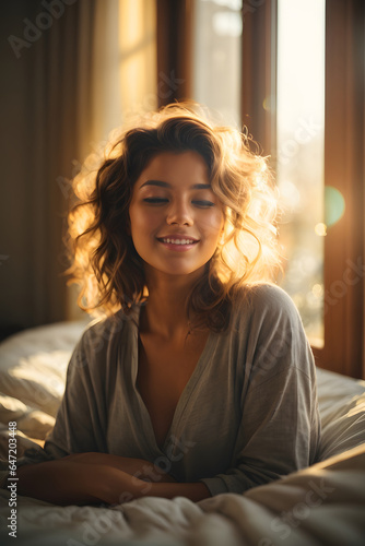 Beautiful woman is waking up in the morning, lying in bed, sun shines on her from the big window. Image created using artificial intelligence. © kapros76