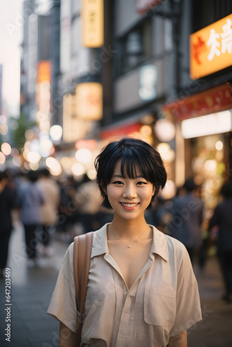 young Japan woman with black short hair smiling in the city. Image created using artificial intelligence.