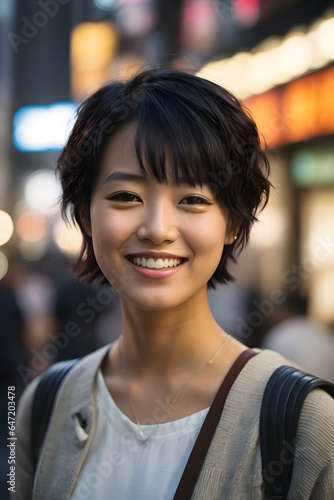 young Japan woman with black short hair smiling in the city. Image created using artificial intelligence.