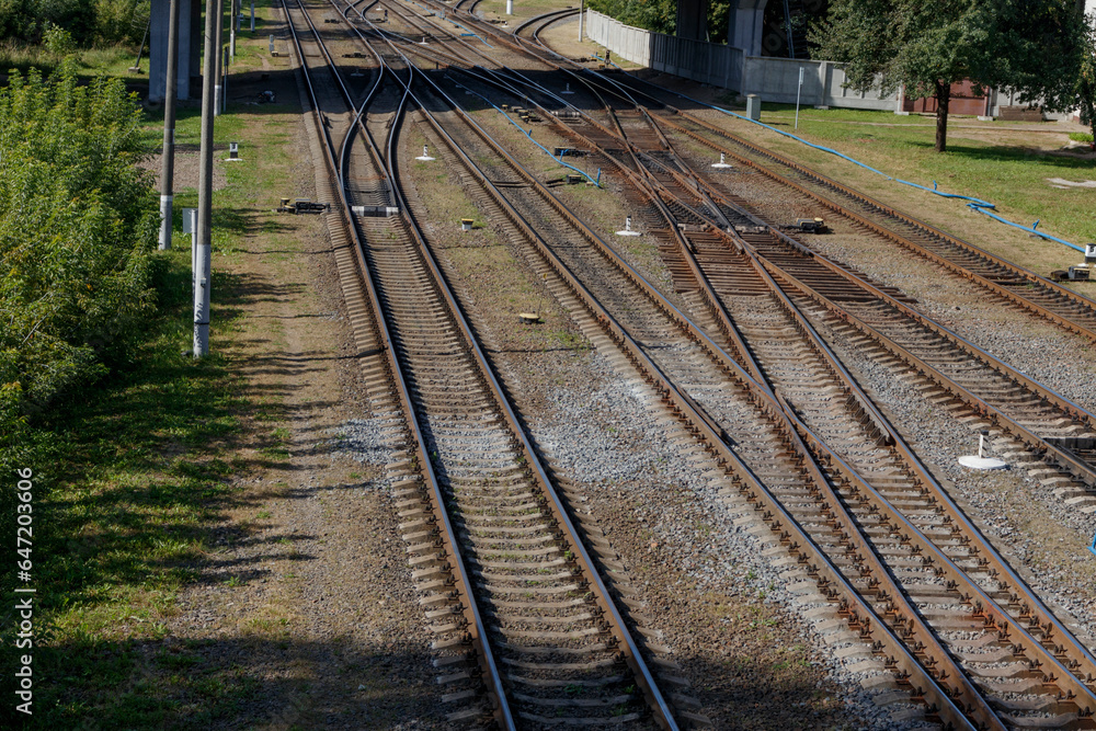 Railway tracks with switches and junctions, thresholds. Railway insecurity concept, railway track repair.