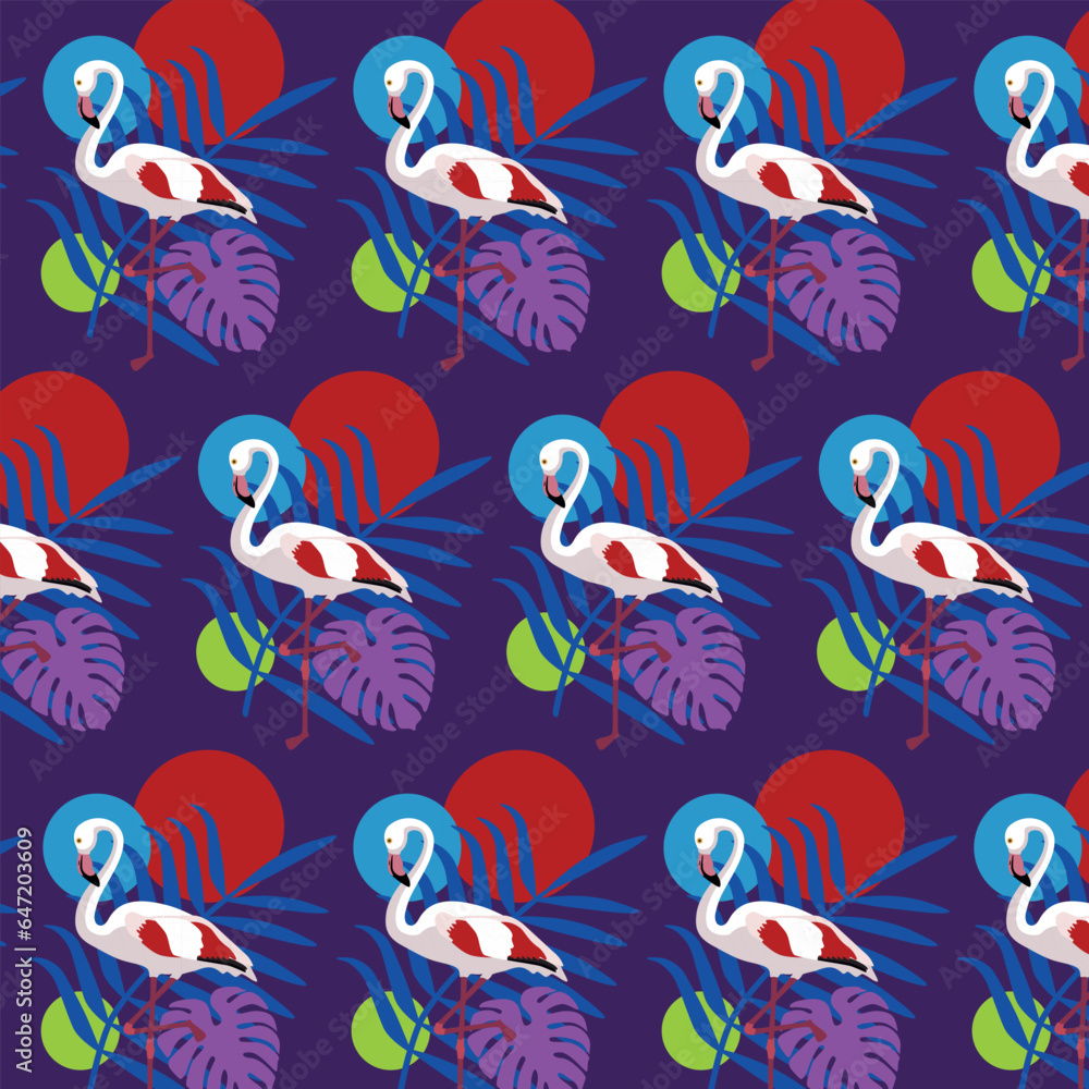 Pattern with flamingos, palm leaves, monstera, multicolored circles, tropical theme Pattern with flamingos, palm leaves, monstera, multicolored circles, tropical theme
