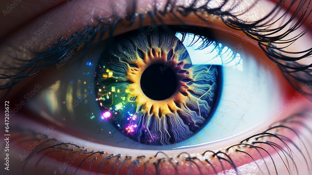 Closeup fantasy human eye background. Generative AI technology.