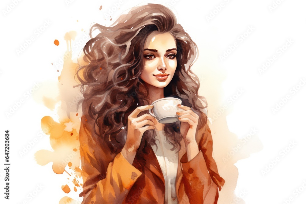 beautiful brunette woman with cup of coffee vertical watercolor illustration