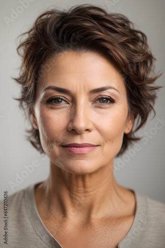 Beautiful gorgeous 30 mid aged mature woman with brown short hair looking at camera isolated on white. Image created using artificial intelligence.