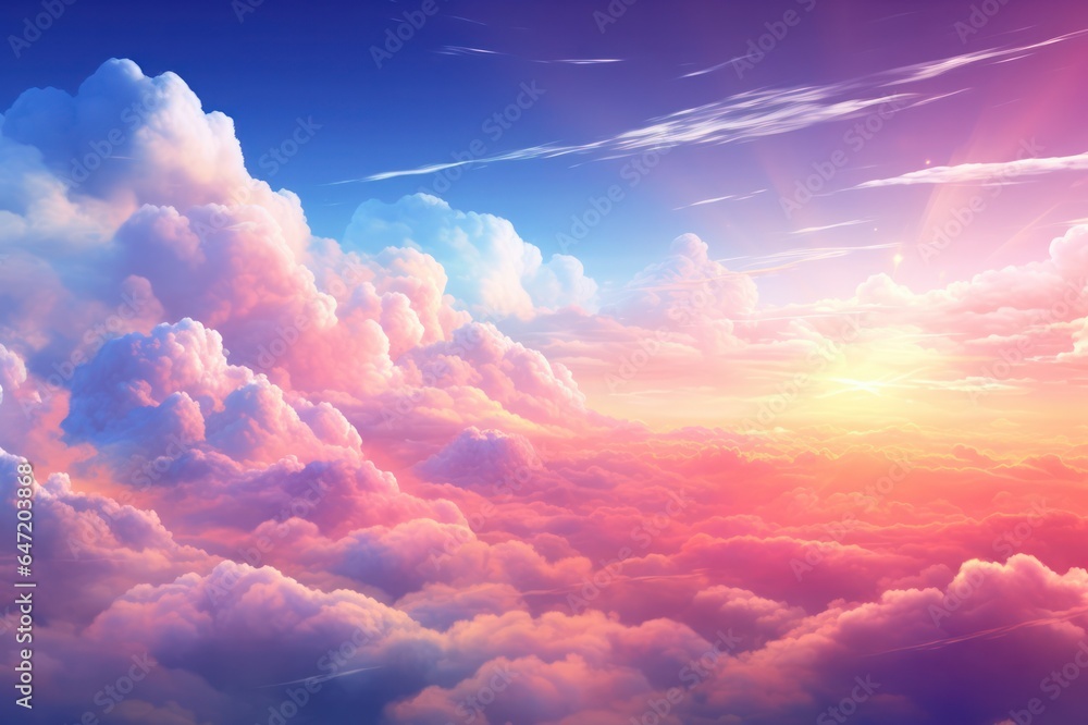 light blue pastel sky with dreamy pink clouds illustration. Dreamy fantasy heaven concept