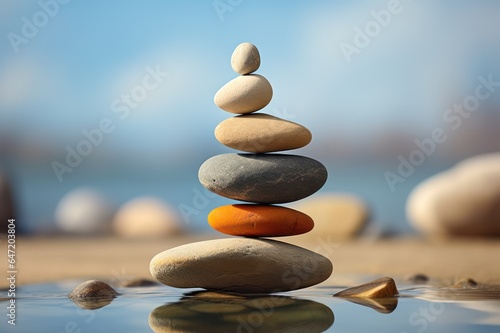 Rock balancing. Zen stones in water on the beach. Stone balance. Mindfulness practice. Cairn building  Rock Stacking. Peace of mind and soul. Autumn season.