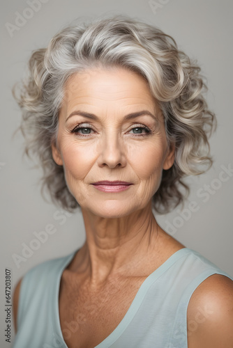 Beautiful gorgeous 50s mid aged mature woman looking at camera isolated on white. Image created using artificial intelligence.