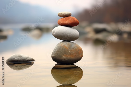 Rock balancing. Zen stones in water on the beach. Stone balance. Mindfulness practice. Cairn building, Rock Stacking. Peace of mind and soul.