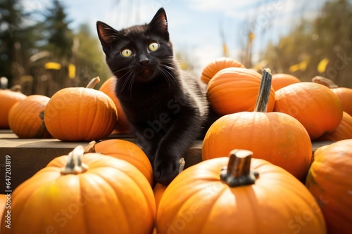 curious black cat on orange pumpkins Halloween card © Dina