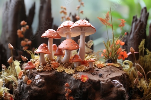 Sugar paste pink mushrooms on novelty cake. Fondant roll icing pastry food design.