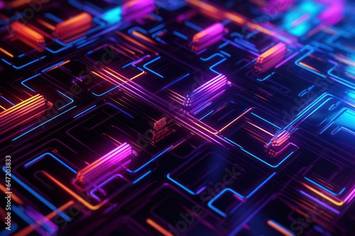 neon lines on microchip macro 3d mesh illustration. Information technology data science concept