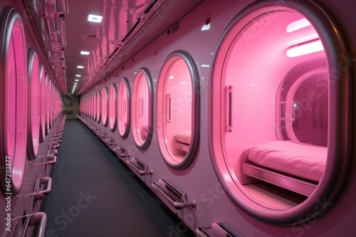 capsule hotel interior in futuristic airport with neon pink  light