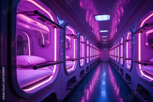 purple neon capsule hotel in airport or futuristic train or hostel interior