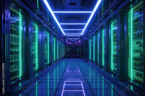 Server room with neon light. Blue and green light tunnel. Technology and data science concept.