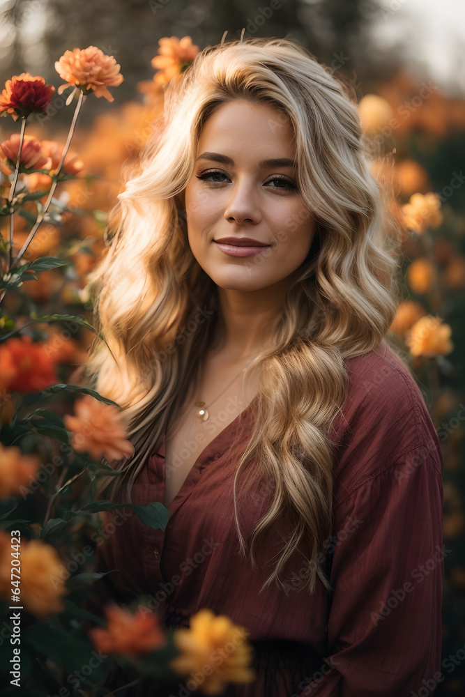 Naklejka premium Beautiful gorgeous 20 aged woman with blonde long hair in a flower garden during late autumn sunset. Image created using artificial intelligence.