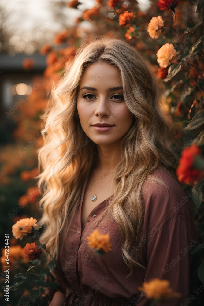 Beautiful gorgeous 20 aged woman with blonde long hair in a flower garden during late autumn sunset. Image created using artificial intelligence. Beautiful gorgeous 20 aged woman with blonde long hair in a flower garden during late autumn sunset. Image created using artificial intelligence.