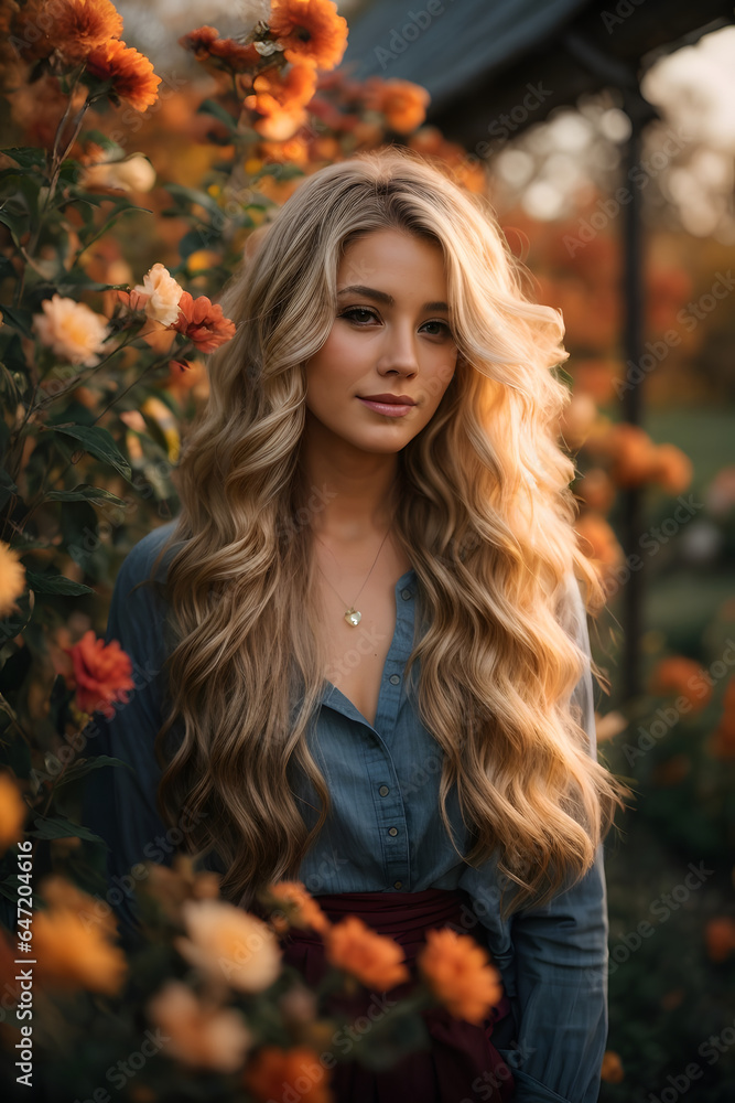 Beautiful gorgeous 20 aged woman with blonde long hair in a flower garden during late autumn sunset. Image created using artificial intelligence. Beautiful gorgeous 20 aged woman with blonde long hair in a flower garden during late autumn sunset. Image created using artificial intelligence.