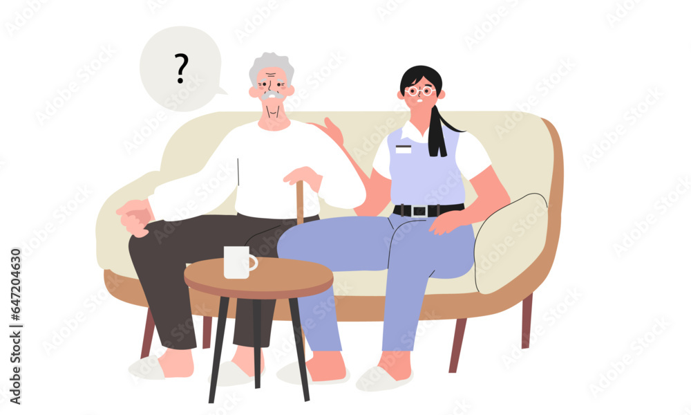 Elderly man with Alzheimer’s disease in hospital or nursing home receive psychological help or assistance. Nurse taking care about senior people memory, thinking and behavior problems in hospital. Elderly man with Alzheimer’s disease in hospital or nursing home receive psychological help or assistance. Nurse taking care about senior people memory, thinking and behavior problems in hospital.