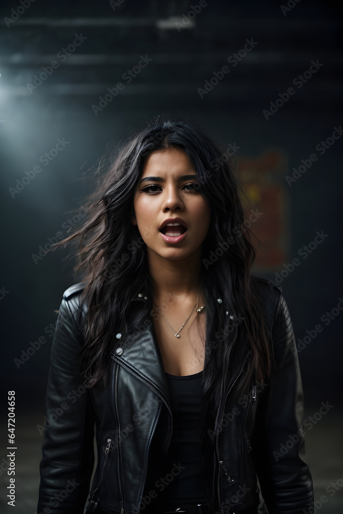 Portrait of a beautiful Hispanic rocker woman with black long hair in a black leather jacket on a studio background. Image created using artificial intelligence.