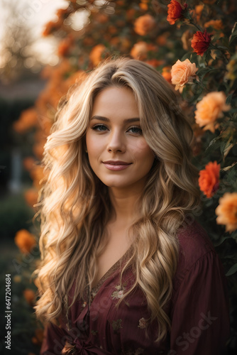 Beautiful gorgeous 20 aged woman with blonde long hair in a flower garden during late autumn sunset. Image created using artificial intelligence.