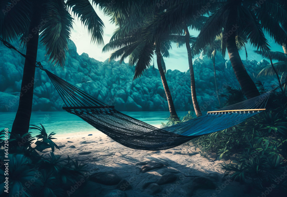 Fototapeta premium Tropical Paradise: Hammock Among Palm Trees