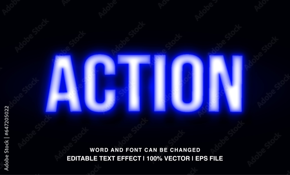 Action editable text effect template, blue neon light futuristic typeface, premium vector