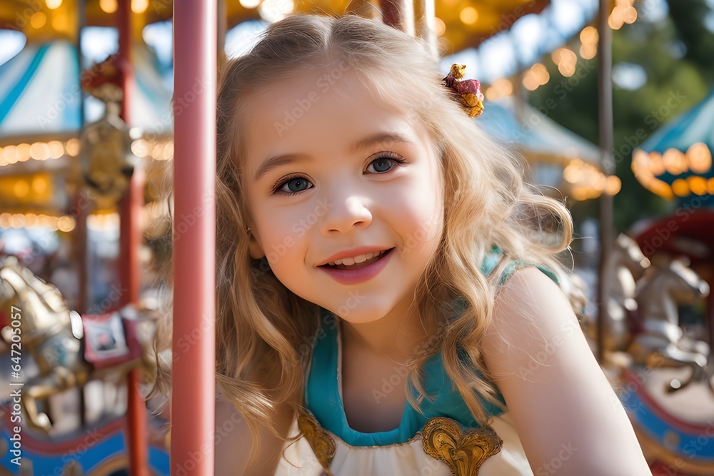 Little girl in the park on carousel Little girl in the park on carousel