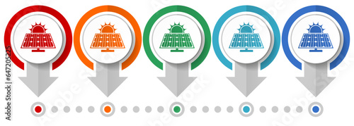 Sun over solar panel vector icon set, flat design infographic template, set pointer concept icons in 5 color options for webdesign and mobile applications