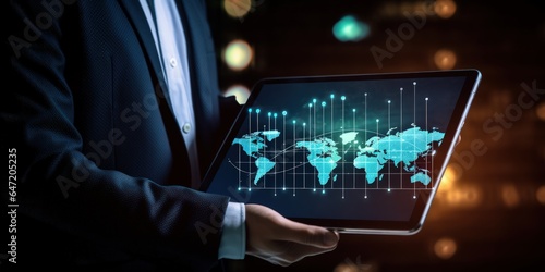 Businessman holding a tablet with a world map. Shadow economy and shadow deals concept. Strategy and planning of global business, bypassing the borders of states and their interests.