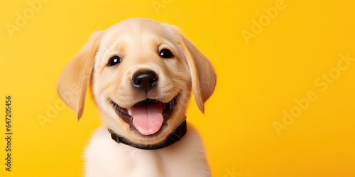 Happy puppy dog smiling on isolated yellow background.