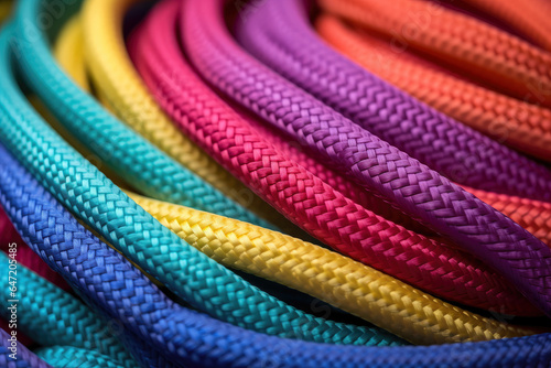 A mesmerizing close-up of neatly tied, multicolored shoelace knots, showcasing a vibrant kaleidoscope of tightly tied, eye-catching laces, a true fashionista's delight.