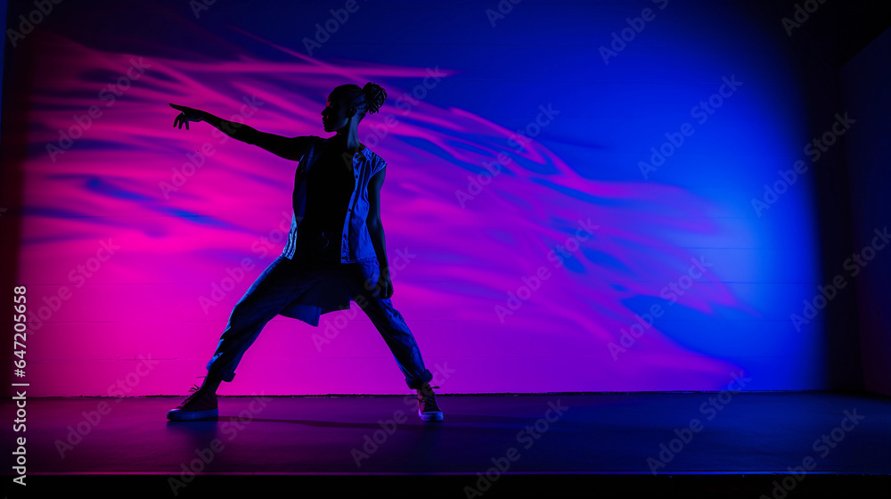 Silhouette of a hip - hop dancer in a dynamic pose, contrasted against a neon blue and purple graffiti wall, urban vibes, mood lighting Silhouette of a hip - hop dancer in a dynamic pose, contrasted against a neon blue and purple graffiti wall, urban vibes, mood lighting